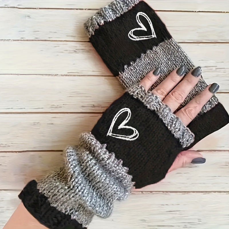 Chic Vintage-Inspired Heart Embroidered Color Block Mittens - Warm, Stretchy Fleece for Women | Perfect for Autumn & Winter